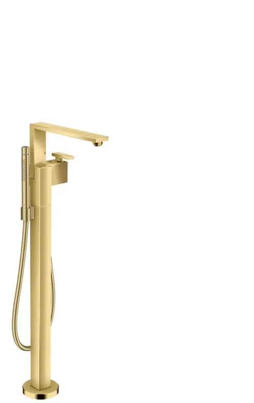 Bodenstehender Mischthermostat in Polished Gold Optik von AXOR mit einer schlanken, modernen Form und einem integrierten Handbrauseanschluss.